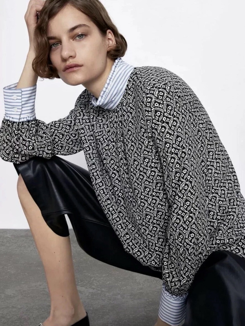 Black & White Patterned Blouse- Classic Geometric Knit